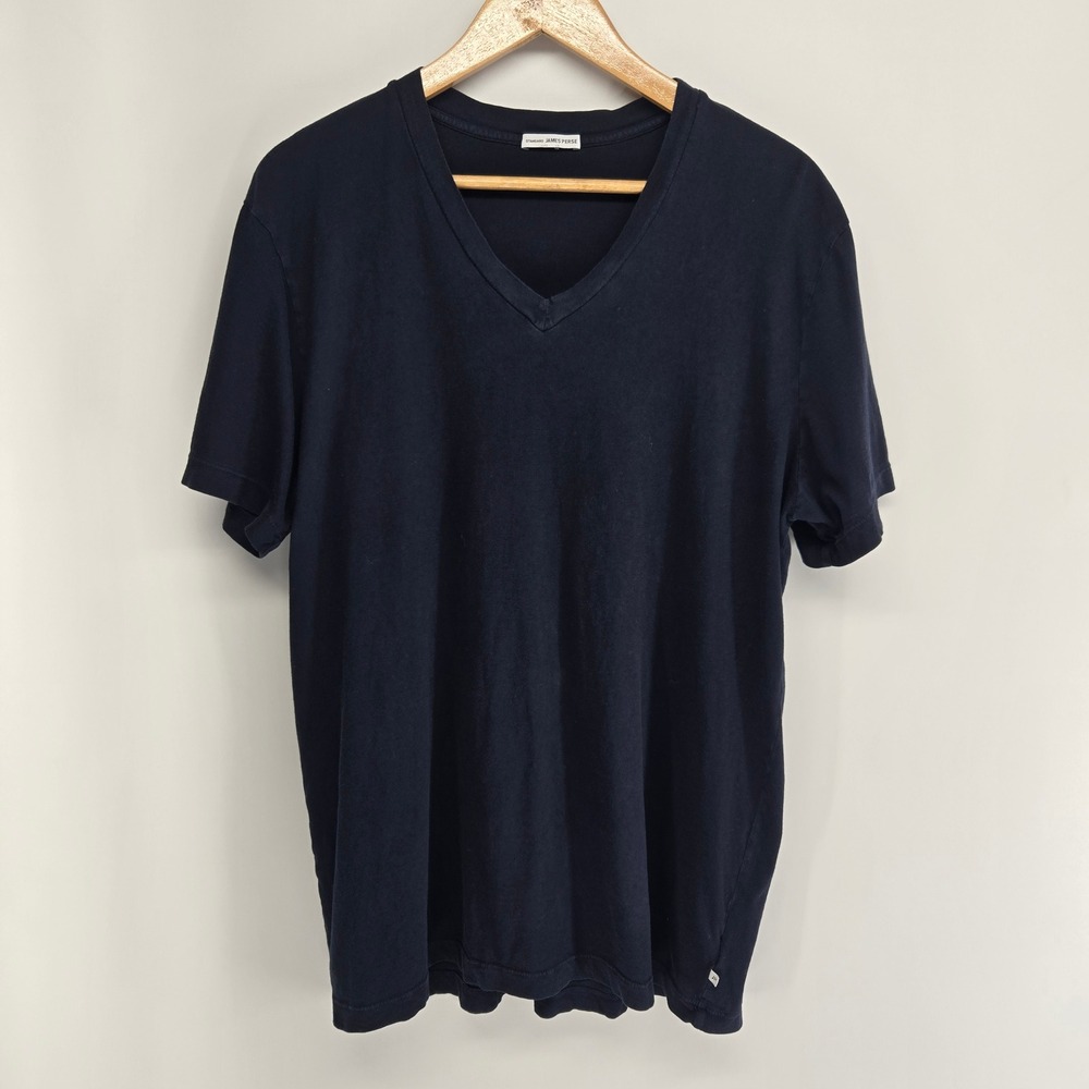 James Perse V-Neck T-Shirt Men 3 Navy Blue Standard Short Sleeve Tee Slub Flaw